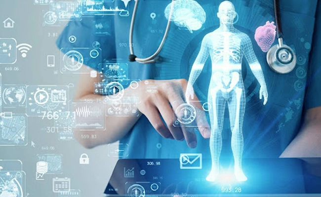 Metade do corpo da médica, da cintura até o pescoço, com imagens relacionadas com inteligencia artificial