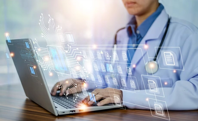 médico no notebook com informações gerada por IA