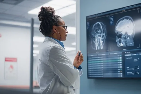 médica olhando painel com diagnostico feito com IA