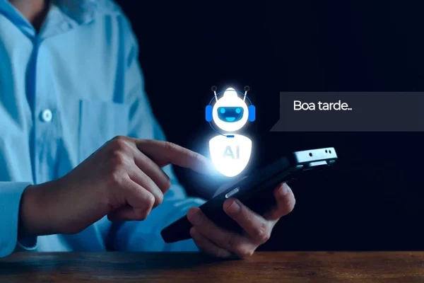 ulher no celular atendida por chatbot