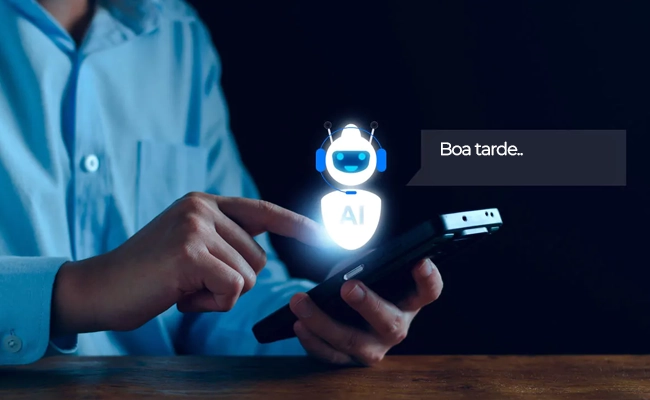 ulher no celular atendida por chatbot